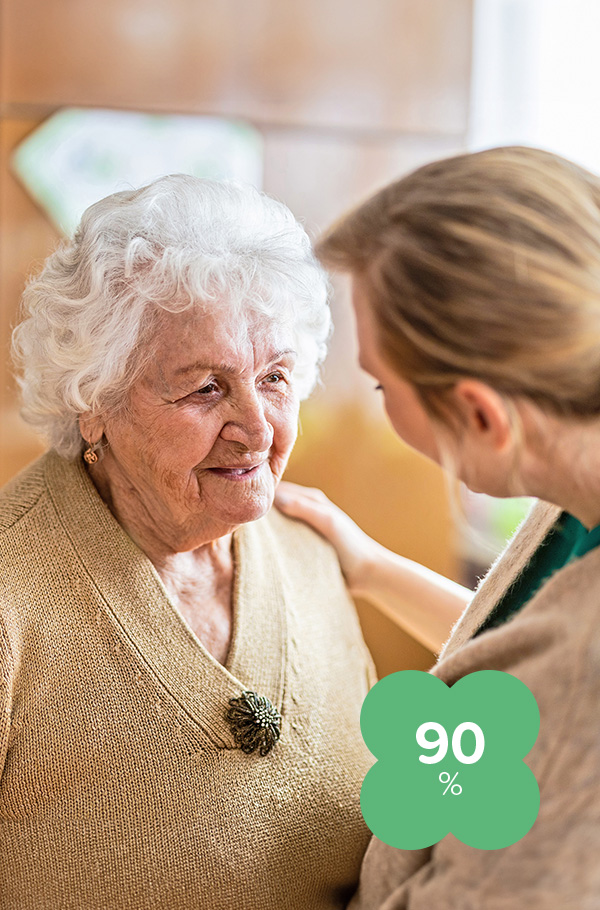 Woman touches senior citizen on the shoulder, in the foreground 90% banner