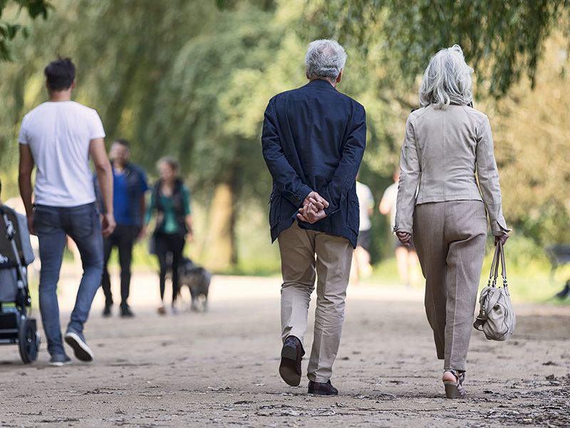 Elderly couple walking in a park, a symbol of an ageing population